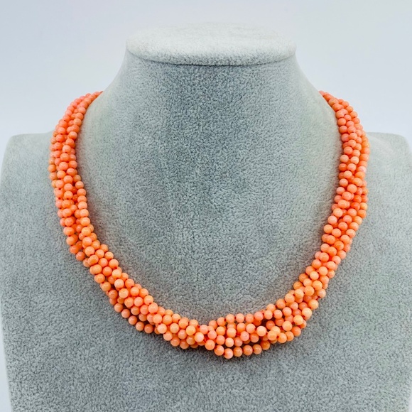 Vintage natural carved pink salmon coral multi beaded 20